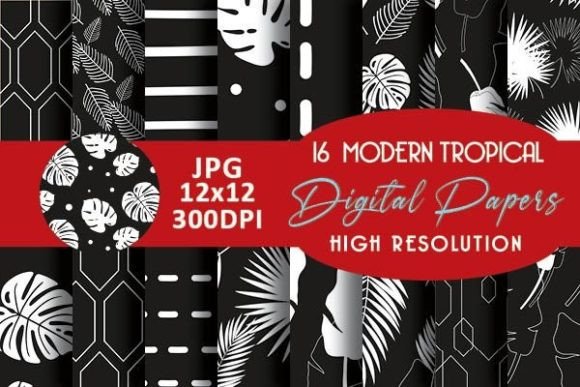 Black and White Modern Tropical Patterns: 16 Versatile Digital Papers for Creative Projects